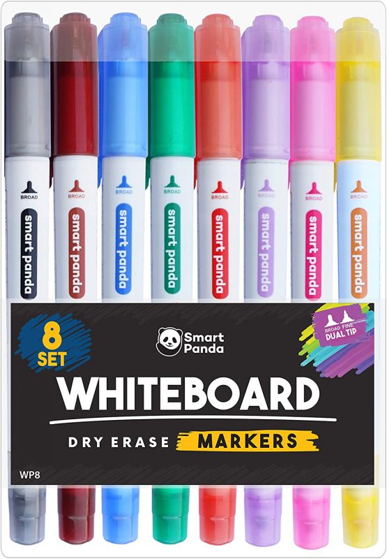 8 Whiteboard Markers by SmartPanda – Dual Tip, Medium and Fine – Dry Wipe, Perfect for Home, School or Office - 8 Set