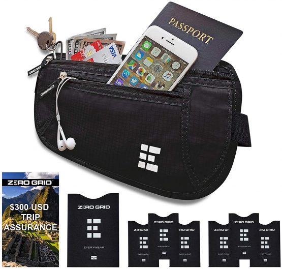 Zero Grid Money Belt w/RFID Blocking - Concealed Travel Wallet & Passport Holder, Ash