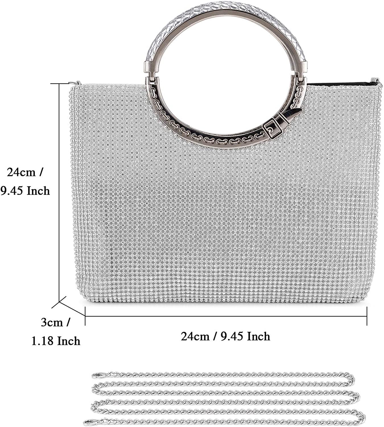 BAIGIO Women Evening Clutch Bags Fashion Rhinestone Encrusted Top Handle Clutch Prom Wedding Evening Bag Ladies Handbag for Party Wedding Prom (Silver) - Image 2