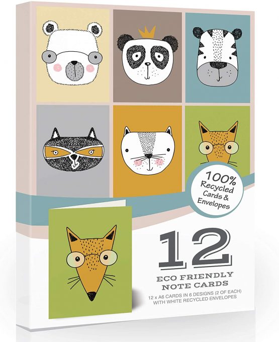 12 x Blank Note Cards & Envelopes by Olivia Samuel. 100% Eco Friendly Recycled Cards and Envelopes. Cute Animal Designs.