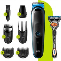Braun 7-in-1 Beard Trimmer, With Hair & Nose Trimmer & Gillette Razor, For Beard, Face & Hair Lifetime Sharp Blades, 5 Attachments, Men's Gift Set, 2 Pin Bathroom Plug, MGK3245, Black/Blue