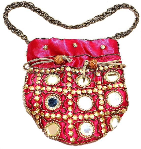 Purpledip Potli Bag (Clutch, Drawstring Purse) For Women With Intricate Gold Thread & Sequin Embroidery Work (Maroon Color,11268)