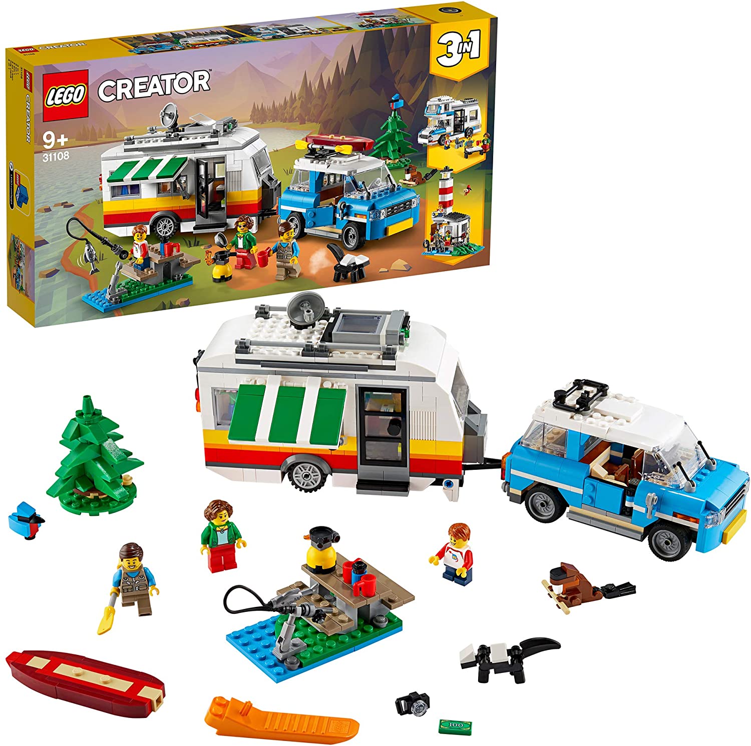 LEGO 31108 Creator 3in1 Caravan Family Holiday Toy with Car, Camperva, Lighthouse, Summer Construction Toy