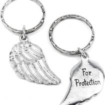 Angel Wing metal Keyring For Protection message. Handmade pewter keyring, double sided keyring with a detailed feathered effect angel wing on one side and 'For Protection' inscribed on the reverse. Sturdy keyring, handmade in the UK. Packaged in an organza bag.