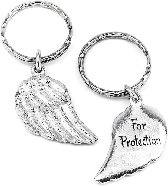 Angel Wing metal Keyring For Protection message. Handmade pewter keyring, double sided keyring with a detailed feathered effect angel wing on one side and 'For Protection' inscribed on the reverse. Sturdy keyring, handmade in the UK. Packaged in an organza bag.