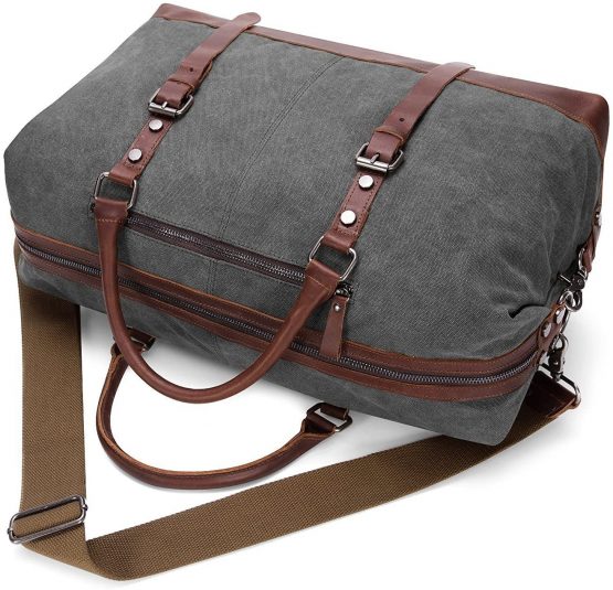 BAOSHA HB-14 Canvas PU Leather Travel Tote Duffel Bag Carry on Bag Weekender Overnight Bag (Gray) - Image 3