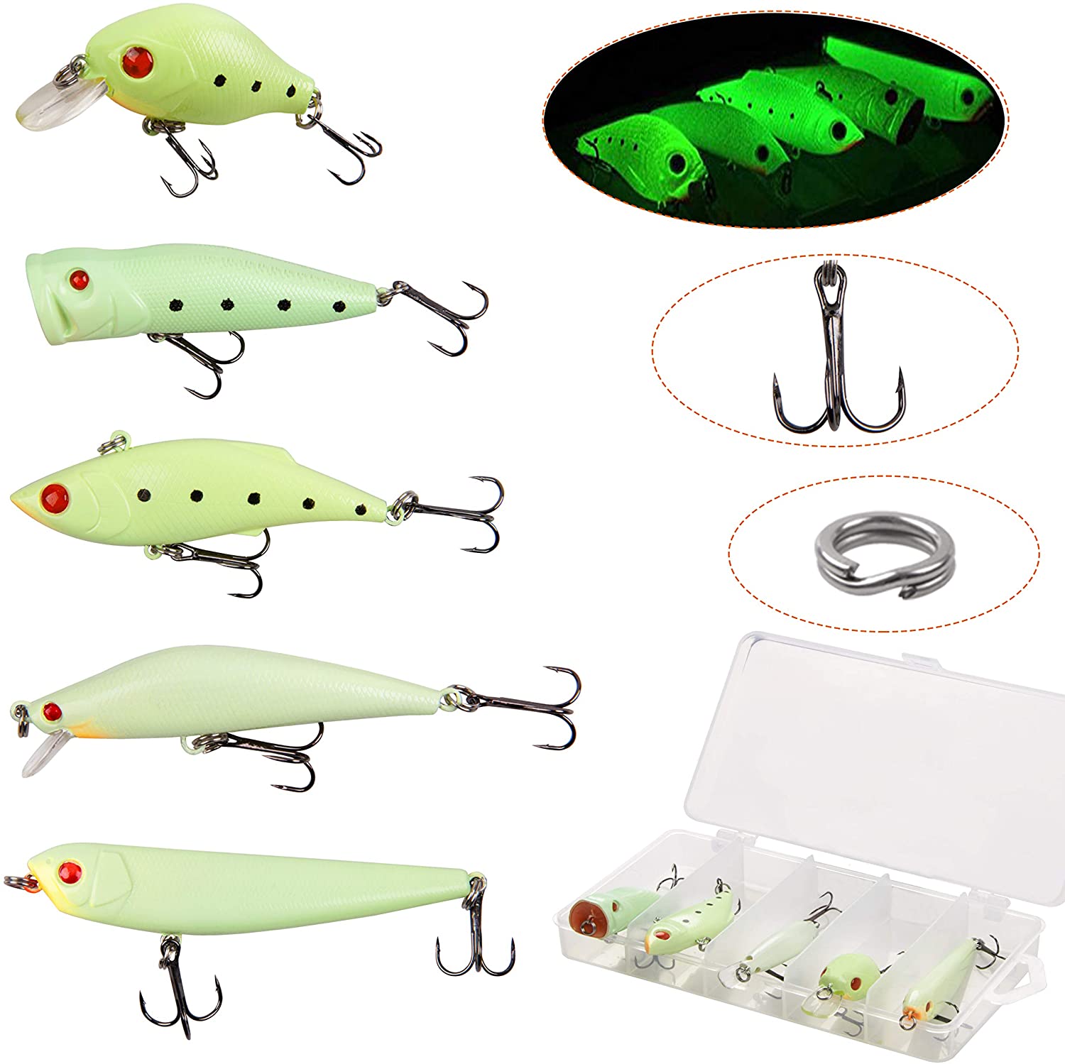 Shaddock 5pcs Set Night Fishing Lure Bait 3d Crankbait Luminous Bait 