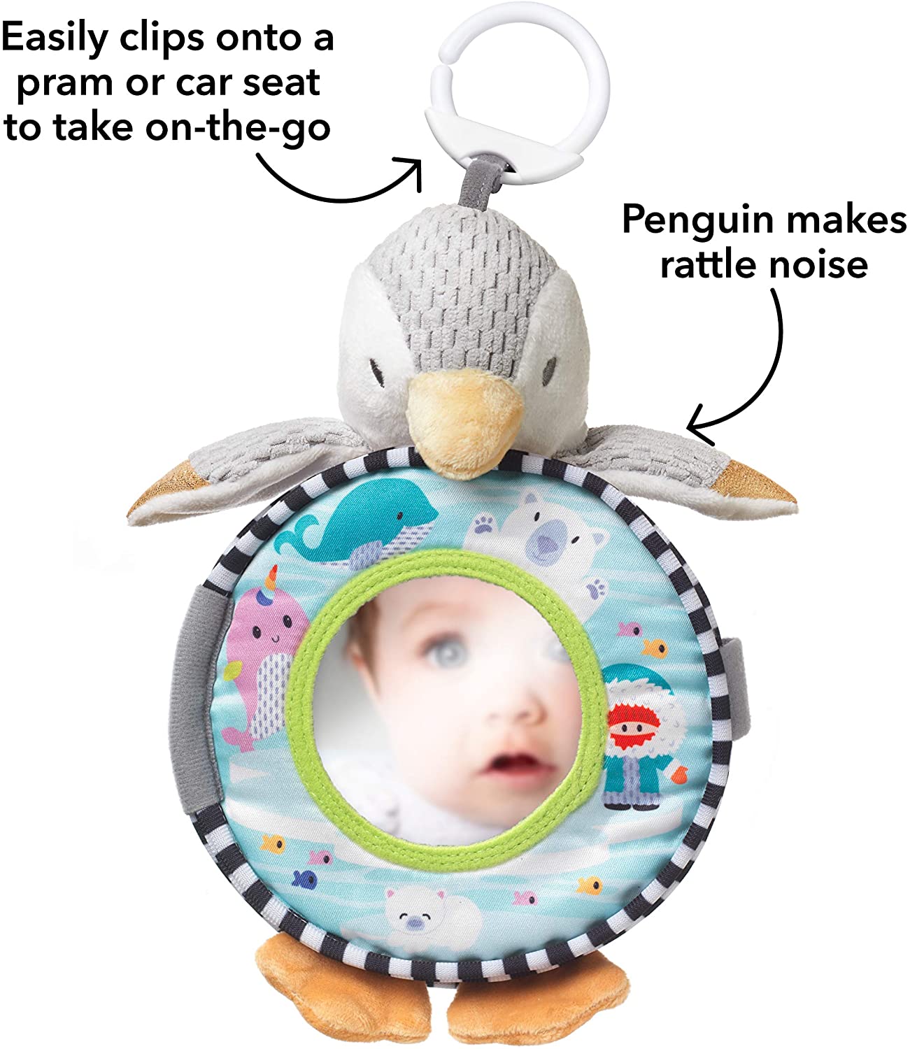 Nuby Soft Plush Pram Toy - Interactive Sensory Story Book with Baby-Safe Mirror, Grey - Image 3