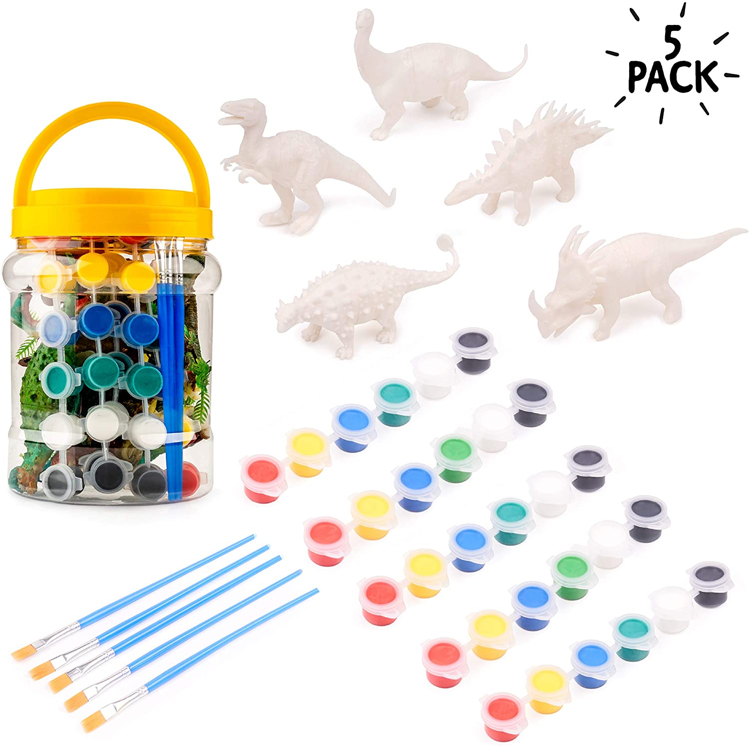 THE TWIDDLERS 3D Dinosaur DIY Craft Kit with 5 Dinosaur Figurines, Complete Set Including 5 Paint Sets, 5 Brushes