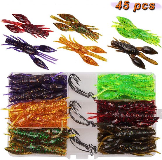 SHADDOCK 45pcs Crawfish Bait Silicone Soft Artificial Bait Crayfish and Worm Hook 3D Slow Sinking Floating Shrimp Creature Lures Fishing Hook for Bass Fishing Freshwater or Saltwater