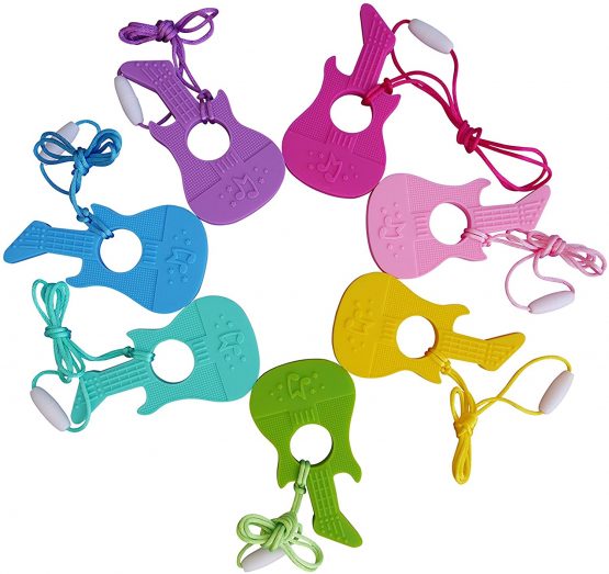 Music Guitar Silicone Teether Soother Teething Sensory Chewy Chewelry BPA Free with Chord and Breakaway Clasp, 7 Colours (Blue) - Image 2