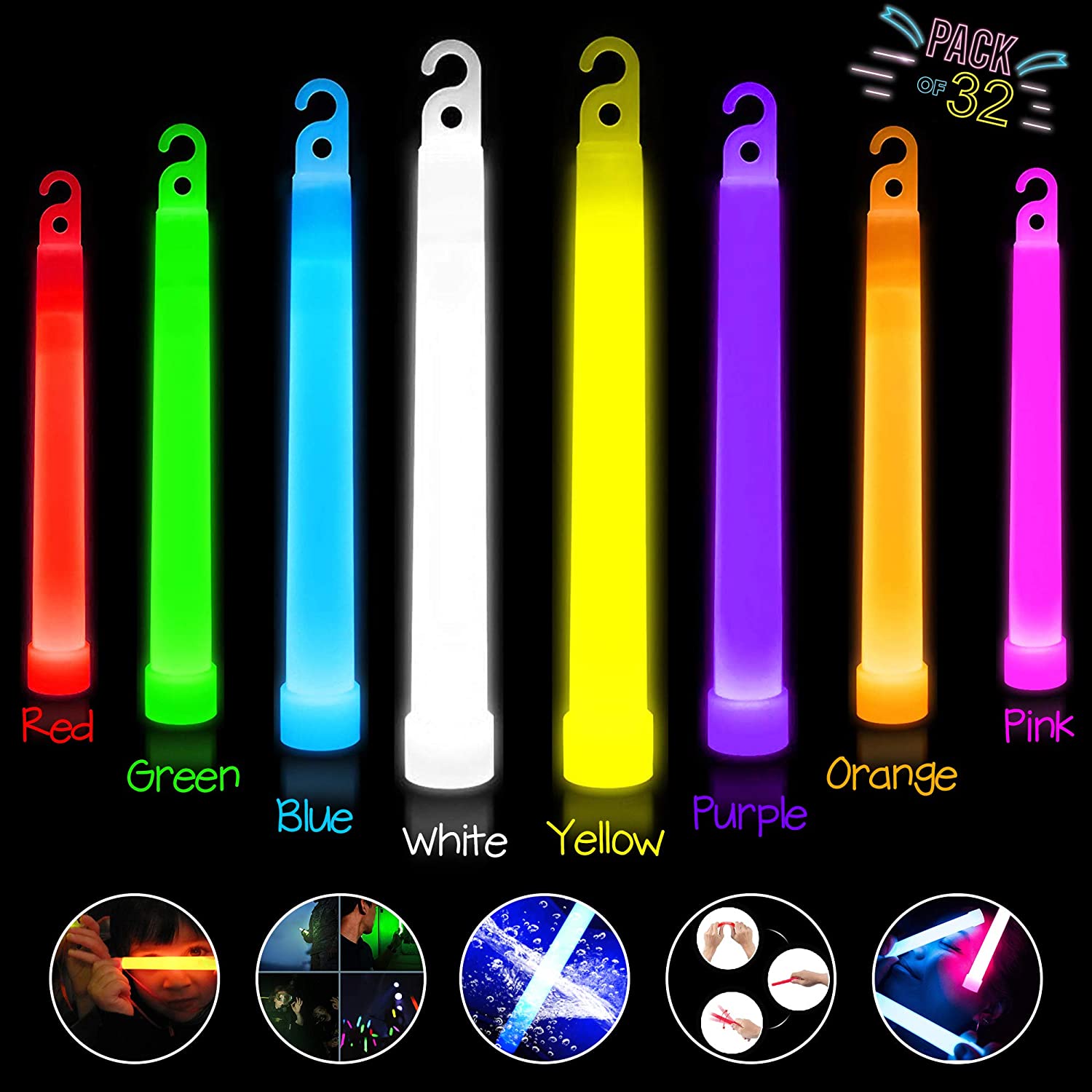 Besto 6 Inches Long 32 Pcs Glow Sticks Large Party Packs, Ultra Bright Mega Pack Sticks in 8 Colours