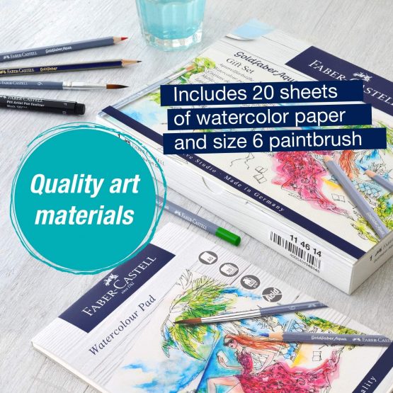 Faber-Castell Goldfaber Aqua 114614 Watercolour Pencils Gift Set 12 Colouring Pencils Including Fineliner, Pencil, Watercolour Pad, Sharpener, Eraser And Watercolour Brush - Image 3