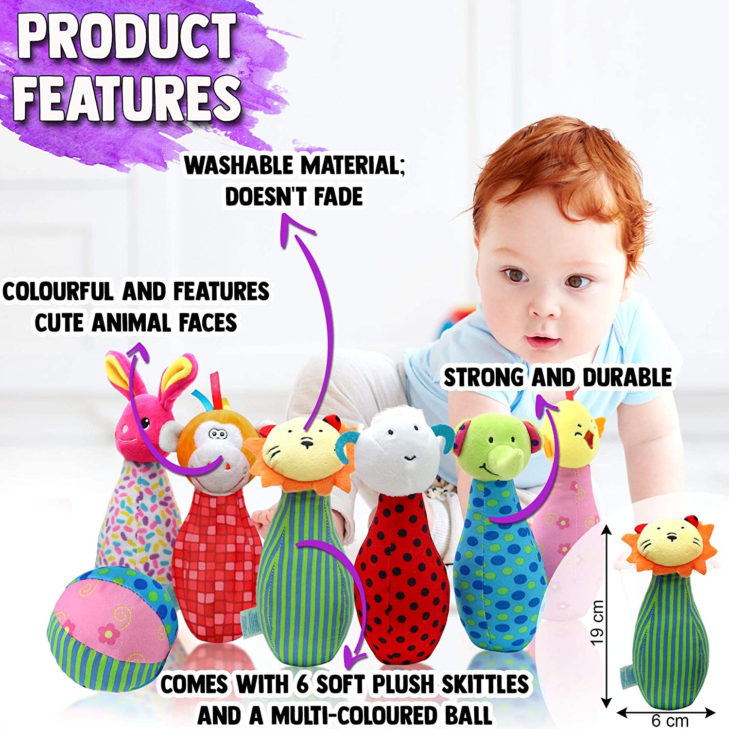 THE TWIDDLERS - 7 Pcs Baby Skittles Bowling Set including Rattles - Soft Plush Sensory Learning Toys for Babies & Toddlers - Image 2