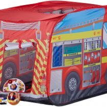 Relaxdays Fire Brigade Play Tent, Pop Up Fire Truck Playhouse, For Indoor & Outdoor Use, 70x110x70 cm, Age 3 and Up, Red
