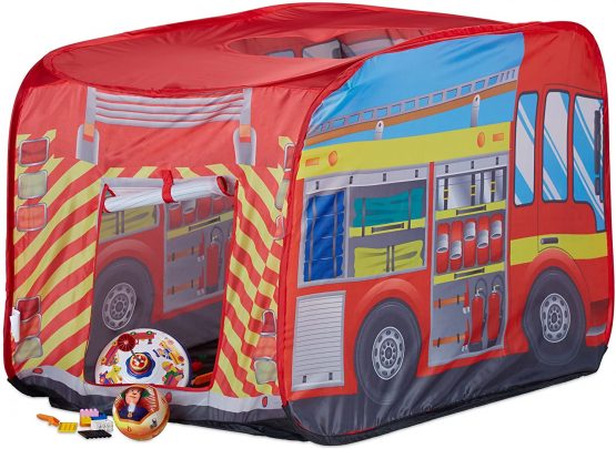 Relaxdays Fire Brigade Play Tent, Pop Up Fire Truck Playhouse, For Indoor & Outdoor Use, 70x110x70 cm, Age 3 and Up, Red