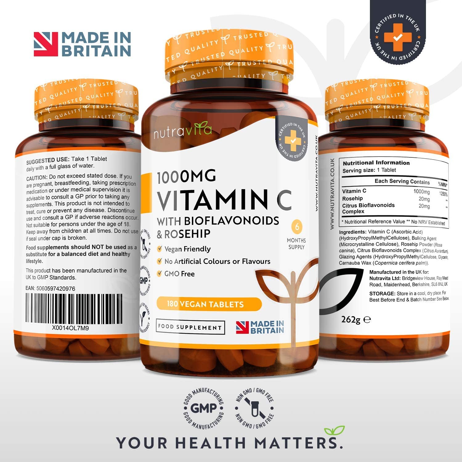 Nutravita Vitamin C 1000mg, 180 Premium Vegan & Vegetarian Tablets, 6 Month Supply, High Strength Ascorbic Acid - Image 3