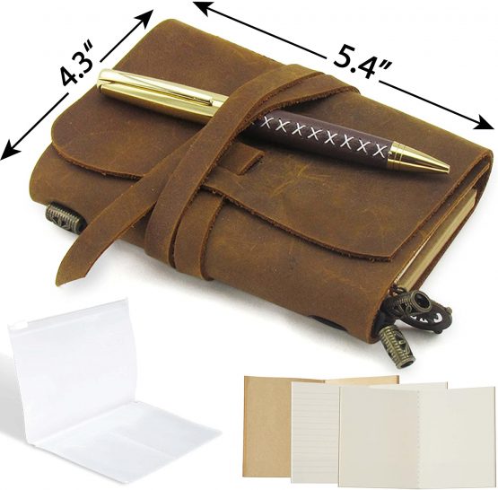 Small Pocket Refillable Travellers Notebook Handmade Leather Journal AMAZING BUNDLE Vintage Antique Genuine Leather Travel Diary for Men Women Students TN + Pen Zip Bag Notes Sketching Drawing 14x11cm