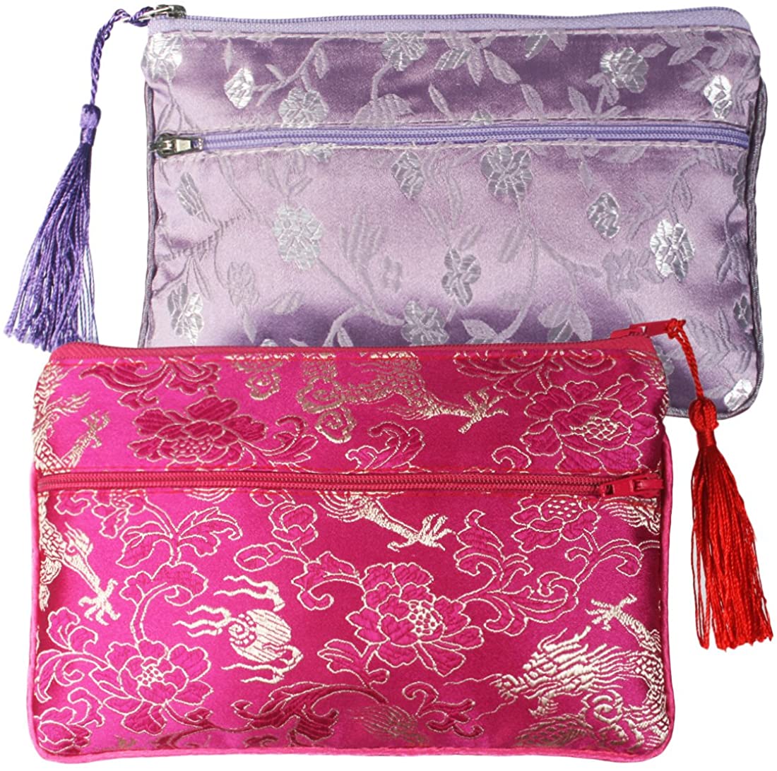 kilofly Chinese Silk Brocade 2 Zipper Pockets Tassel Jewelry Pouch Bag, Set of 2, Set2 C, 17,78 cm (7 Zoll)