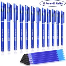 Friction pens,BBLIKE 12PCS Erasable Rollerball Pen and 20 Ballpen Refills,More Ink Rub Out Pens Gel Ink Ballpoint Pen 0.5 mm Tip (blue)