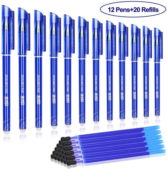 Friction pens,BBLIKE 12PCS Erasable Rollerball Pen and 20 Ballpen Refills,More Ink Rub Out Pens Gel Ink Ballpoint Pen 0.5 mm Tip (blue)