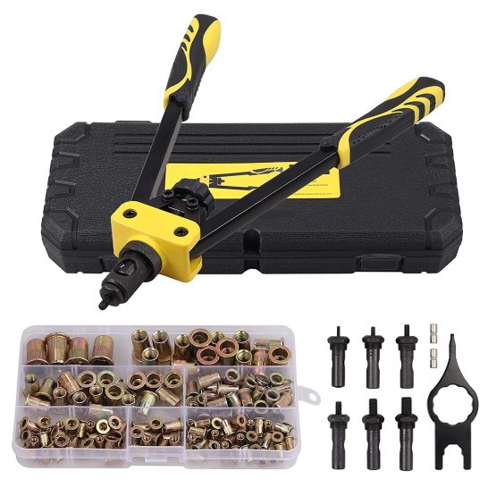 AUTOUTLET Rivet Nut Pliers Set, 14" Professional Rivet Pliers Set with M3 M4 M5 M6 M8 M10 6X Chrome-molybdenum Steel Mandrels, 150 PCS Rivet Nuts, Non-slip Handle for Thick Metal Sheets (Yellow)