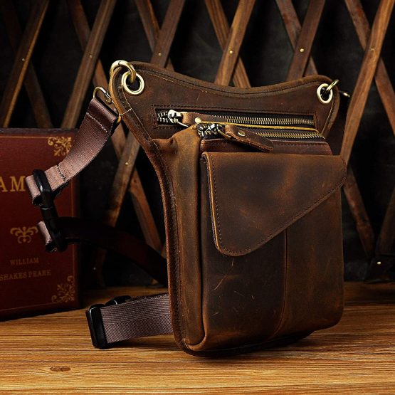 Le'aokuu Mens Genuine Leather Messenger Hip Bum Blet Fanny Waist Pack Tactic Drop Leg Thigh Bag - Image 3