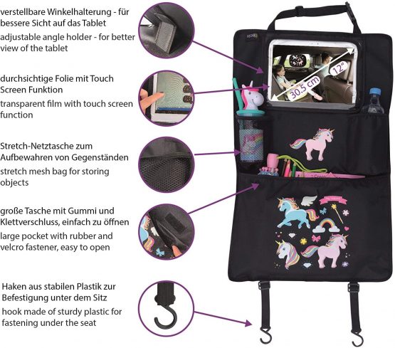 HECKBO® car backseat organizer with adjustable tablet pocket for tablets up to 20 inches with touch foil - with unicorn print - universal fit - incl. thermo pocket + stretch net pocket - washable - Image 2