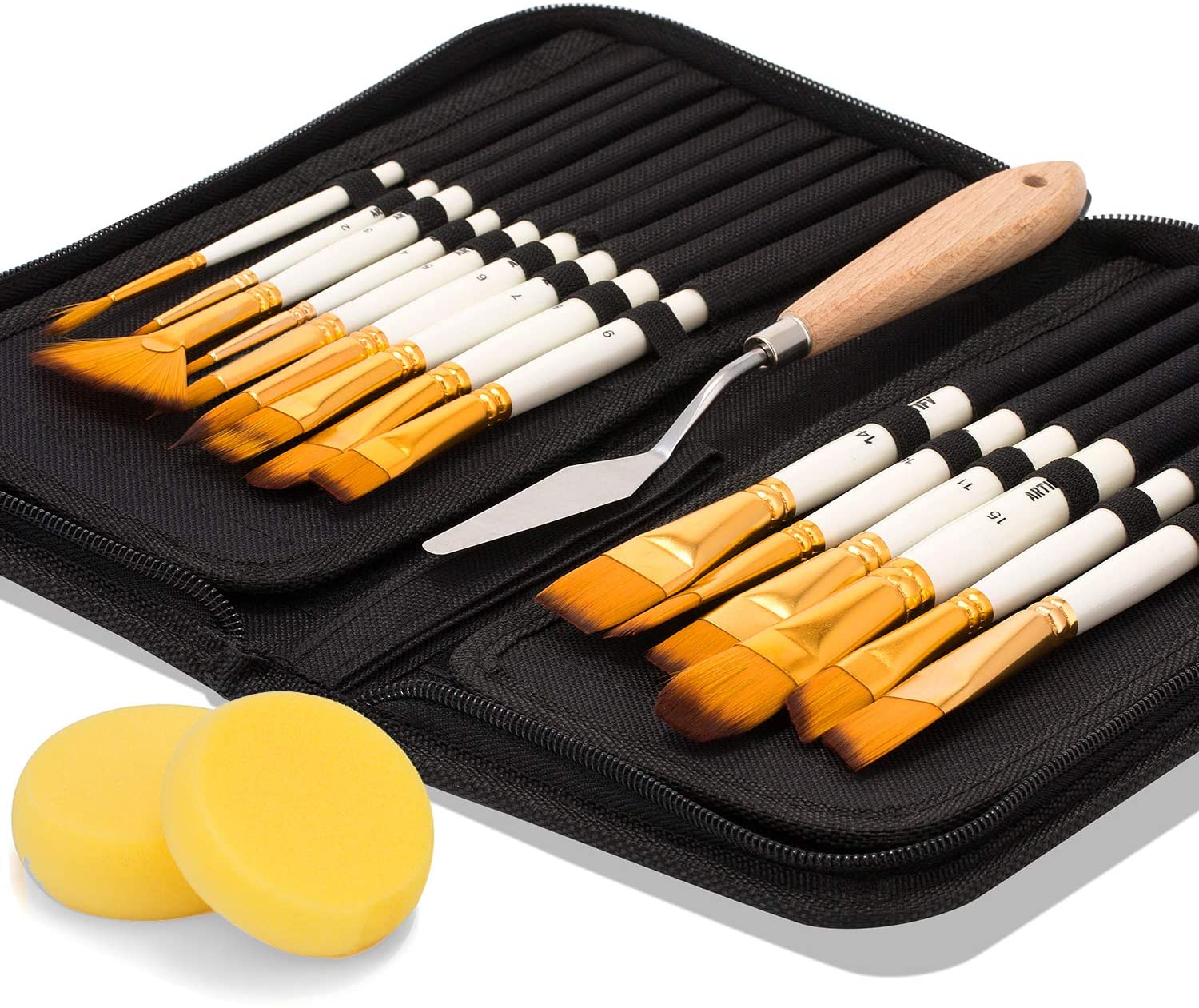 Artify 15-piece Acrylic Paint Brush Set including Stand Carrying Case, Palette tool, and 2 Sponges