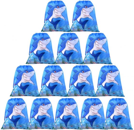 FEPITO 12 Pack Shark Party Favors Bags Shark Drawstring Bags Bulk Goodie Bags
