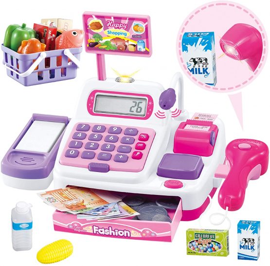 BUYGER 34 Pcs Kids Mini Childrens Toy Till for 3 Year Old Boys/Girls, Pretend Cash Register Till Toy with Scanner for Kid, Role Play Money Shopping toy for toddler, Pink, 24*12.5*16cm