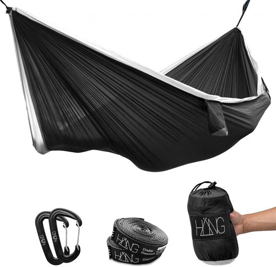 Hang, (double) hammock made of parachute silk 300 cm x 170 cm Holds up to 200 kg including suspension, 1, Black & White