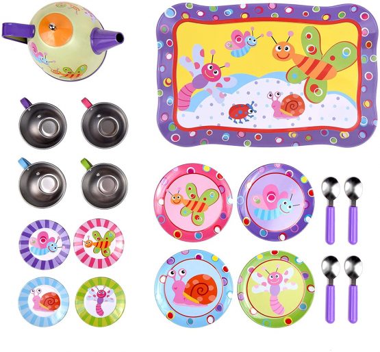 SOKA Little Bugs Metal Tin Teapot Set with Carry Case Toy for Kids - 18 Pcs Illustrated Colourful Design Toy Tea Party Set for Boys and Girls Pretend Role Play - Image 4