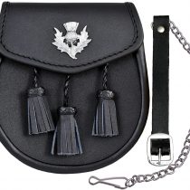 Thistle Casual Leather Sporran with Three Braided Tassels Genuine Leather Kilt Sporran