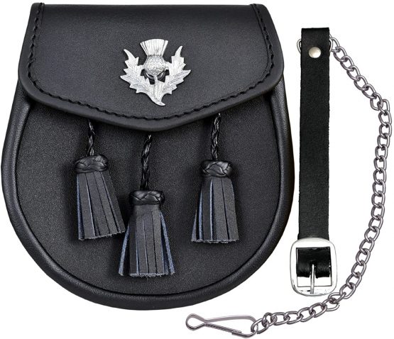 Thistle Casual Leather Sporran with Three Braided Tassels Genuine Leather Kilt Sporran