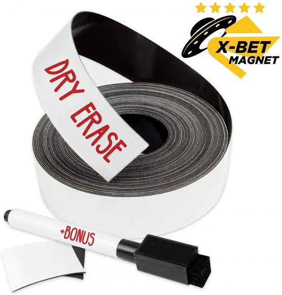 Dry Erase Magnetic Strips - 2,5cm x 7,6m Magnetic Tape Roll - Blank Write On Magnets - Sticky Labels and Stickers - Writable Flexible Magnet Sheet for Whiteboards, Refrigerator and Crafts