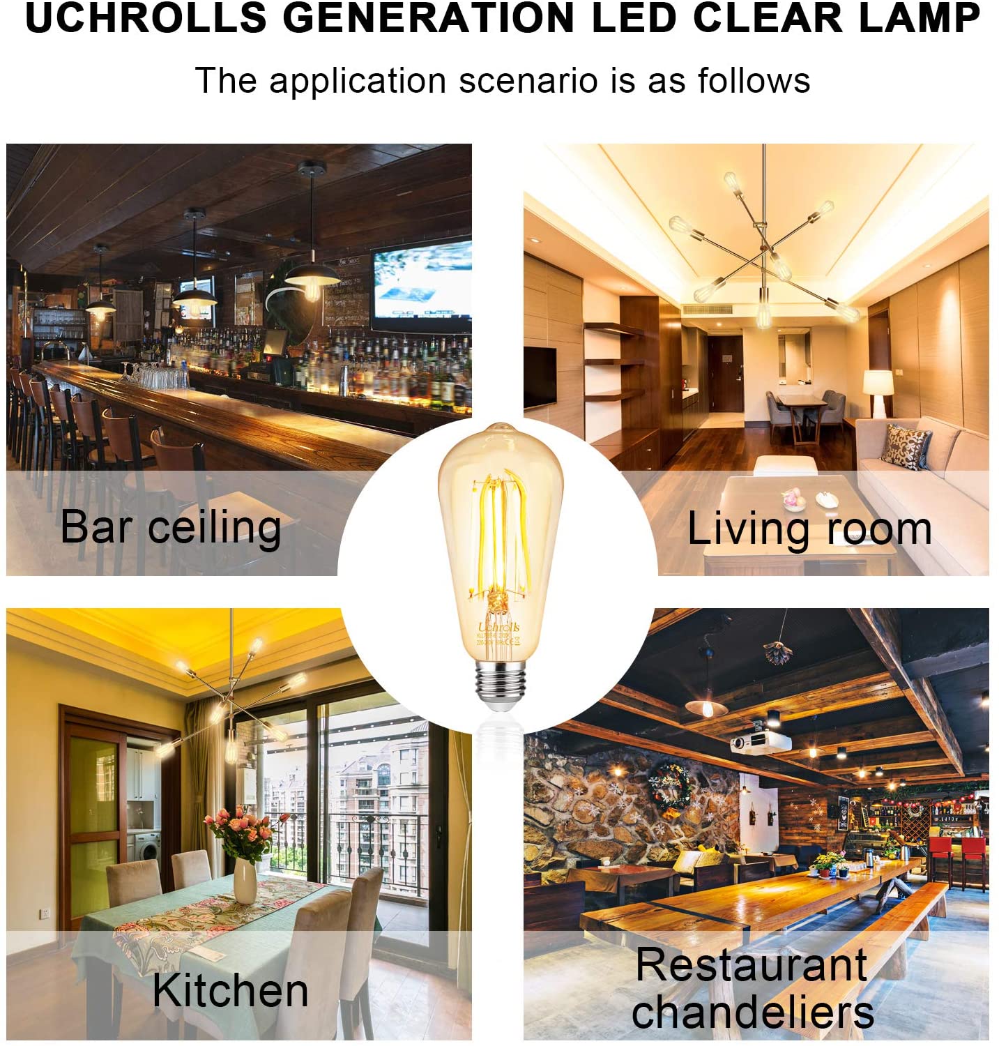 Uchrolls Vintage Edison Light Bulb ST58, E27 Base,6W (Equivalent to 60W),Warm White,2700K,800lm,Filament Clear LED Bulb - Image 2