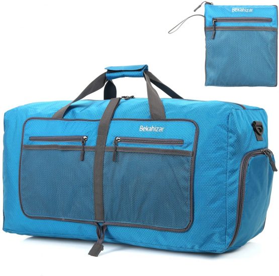 Bekahizar 60L Foldable Duffle Bag Large Lightweight Packable Travel Weekend Duffel with Shoe Compartment and Shoulder Strap for Luggage, Gym, Sport, Camping, Storage, Shopping (Dark Green)