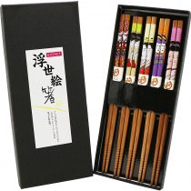Exzact Chopsticks Gift Set - 5 Pairs of Reusable Natural Bamboo Chopsticks in a Beautiful Black Handmade Box - Decorated Japanese Style