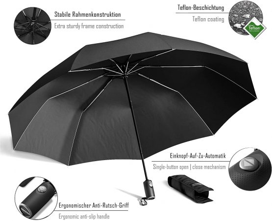 Umbrella Windproof Compact - Strong Storm Proof Frame + Auto Open Close | Women Mens Kids Lightweight Small Travel Folding Golf Brolly + Double Canopy, Ergonomic Handle | Water Resistant Teflon Black - Image 2