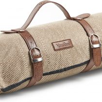 VonShef Herringbone Picnic Blankets, Large Outdoor Picnic Blankets with Waterproof Lining and Faux Leather Carrier Handle, Outdoor Blankets 147 x 180cm (Beige)