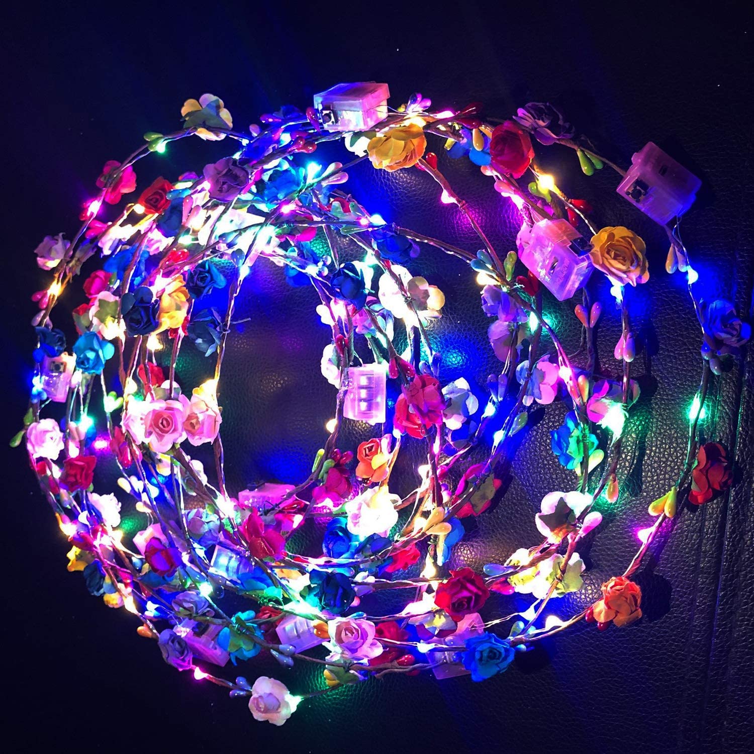 12PCS LED Flashing Flower Headbands, Party Gift Mixed Colours Light up Glow Hairbands, Hair Wreath Blinking Garlands - Image 3