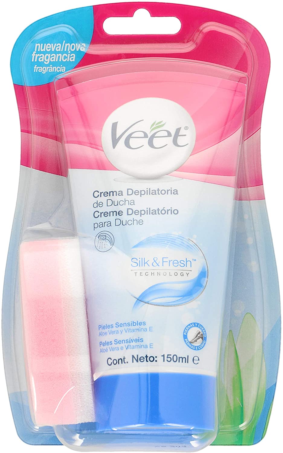 Veet Pure Hair Removal, in Shower Cream, Body & Legs, Normal Skin, 150ml Each, 1 Sponge, Long Lasting Smoothness