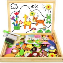 COOLJOY Wooden Magnetic Puzzle Games, 100+ PCS Double Sided Jigsaw Animal Pattern Drawing Easel Blackboard Educational Wood Toys for Boys Girls Kids Toddler 3 4 5 Year Olds