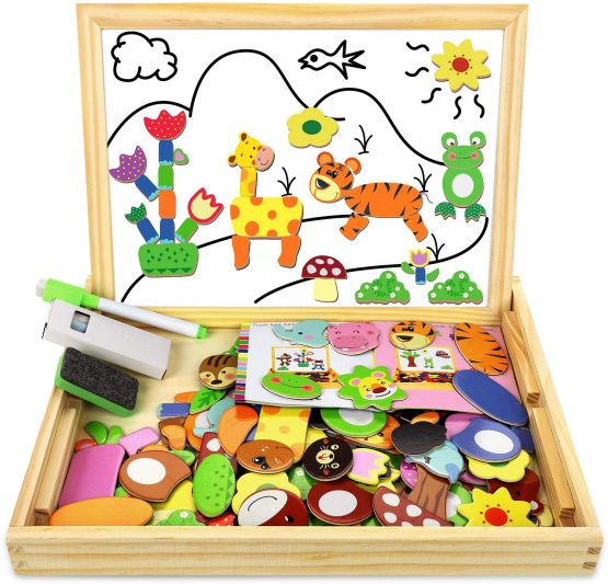 COOLJOY Wooden Magnetic Puzzle Games, 100+ PCS Double Sided Jigsaw Animal Pattern Drawing Easel Blackboard Educational Wood Toys for Boys Girls Kids Toddler 3 4 5 Year Olds