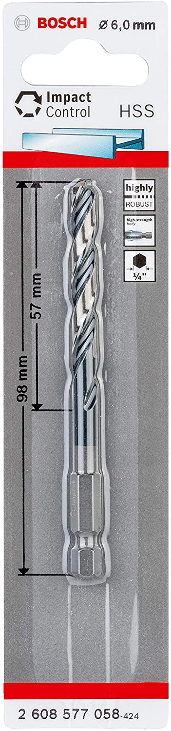 Bosch Professional 1 x Impact Control HSS twist drill bit (for metal 6 x 57 x 98 mm, hammer drill accessories)