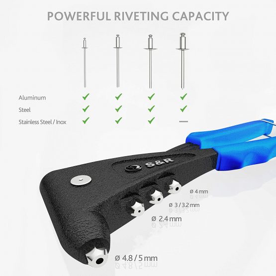 S&R Rivet Gun with 60 Rivets (2.4 mm, 3.0/3.2 mm, 4.0 mm, 4.8/5.0 mm) in Aluminum and Stainless Steel for Blind Rivet, 4 Nozzle, 1 Wrench, 1 Storage Box. Hand Professional Riveter. - Image 3