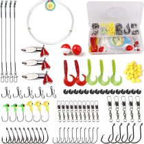 SHADDOCK 110pcs Fishing Bait Rigs Kit Fishing Accessories Kit Includes Steel Wire Leaders,Fishing Line,Float Bobbers,Hard Lures,Hooks,Swivels,Treble Hooks,Jig Heads,Corns for Fishing