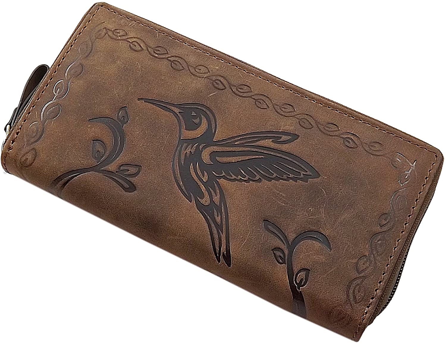 myledershop Large Buffalo Full Leather Women´s Purse with Hummingbird-Motif with Zipper with RFID & NFC Blocking in Cognac (Cognac)