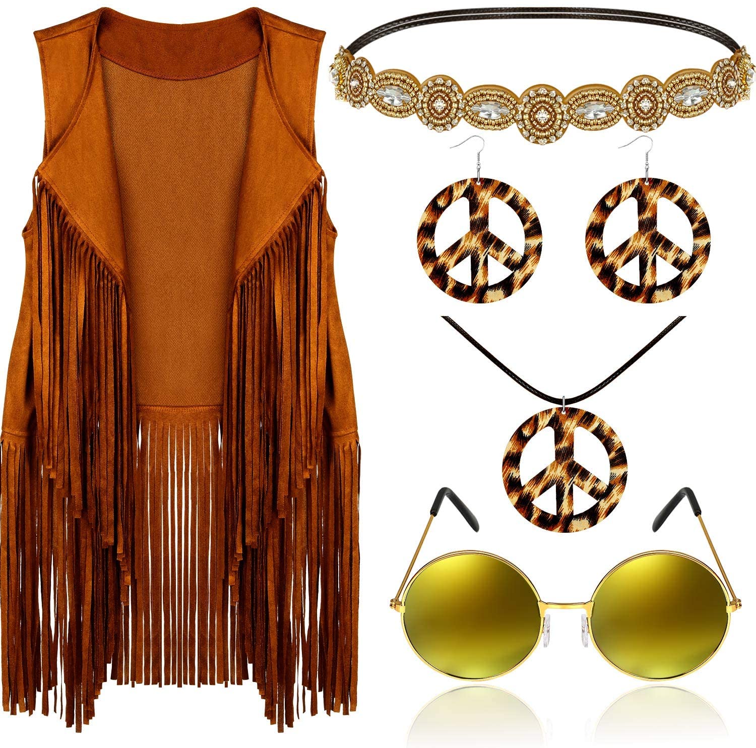 6 Pcs 60s 70s Hippie Costume for Women Peace Sign Earring Necklace Headband Fringe Vest Tassel Cardiga (Medium)